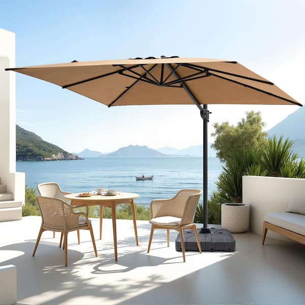 Pellebant 9 ft. x 11 ft. Aluminum Cantilever Offset Rotational Adjustable Tilt Patio Umbrella in Tan with Stand Fillable Base