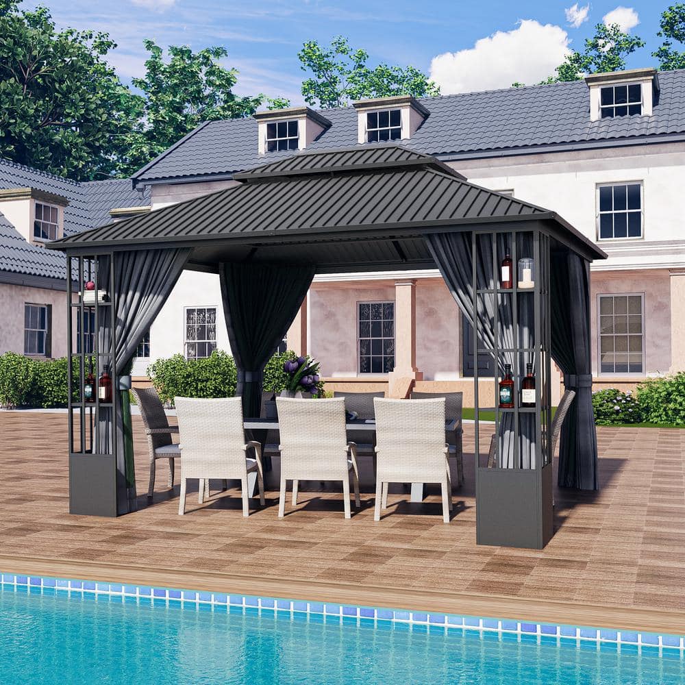 Gray Aluminum Double Roof Patio Gazebo with Curtains