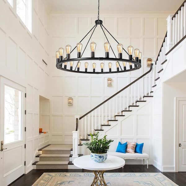 48 in. 24 Light Black Wagon Wheel Chandelier Farmhouse Extra Large Round Chandelier HDJH2022069 The Home Depot