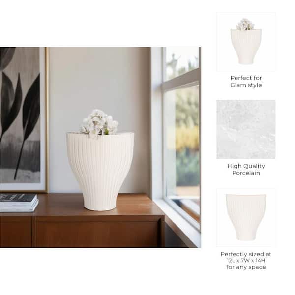Liv & Skye 14 in. Ivory/Beige Ceramic Tapered Round Decorative Vase