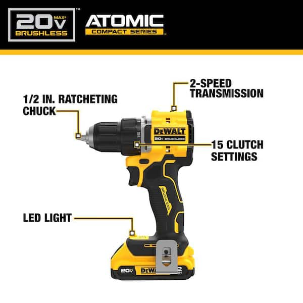 ATOMIC 20-Volt Lithium-Ion Cordless Compact 1/2 in. Drill/Driver Kit with 2.0Ah Battery, Charger and Bag