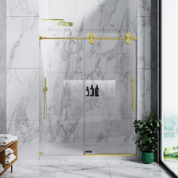 56 in.-60 in. W x 72 in. H Frameless Single Sliding Shower Door-5/16 in. Tempered Glass, Bypass Design w/ Brushed Gold