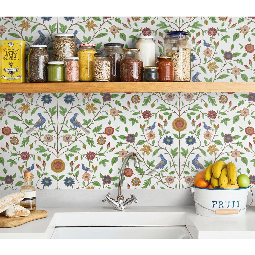White and Multicolor Bird Toile Vinyl Peel and Stick Wallpaper Roll