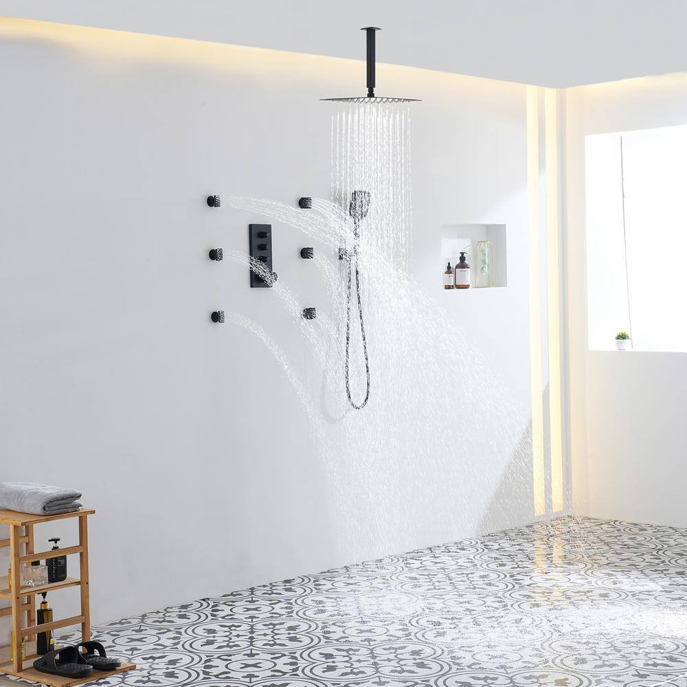 Matte Black Large Square Ceiling Mounted Dual Shower System