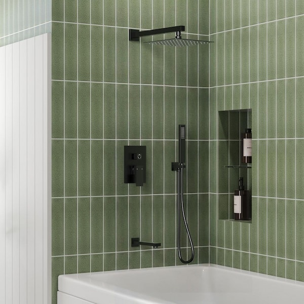 Farne 1-Handle 3-Spray Wall Mount Tub and Shower Faucet with 10 in. Shower in Matte Black, 2.5 GPM, Valve Included