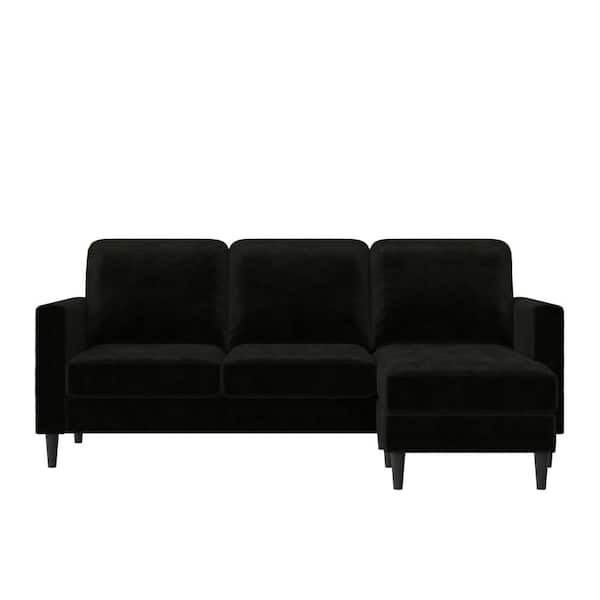 CosmoLiving by Cosmopolitan Strummer Black Velvet Reversible 3-Seater L-Shaped Sectional Sofa Couch