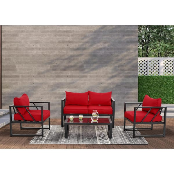 Unbranded 4-Piece Aluminum Patio Conversation Set with Red Cushions