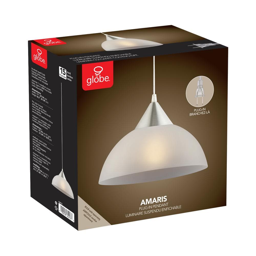 Amaris Brushed Nickel 1-Light White Globe Plug-In Pendant