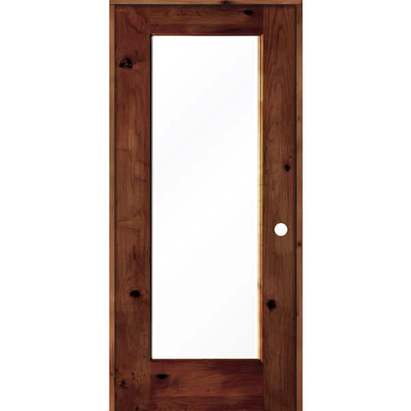 Krosswood Doors 36 in. x 80 in. Rustic Knotty Alder Left-Hand Full-Lite Clear Glass Red Chestnut Stain Wood Single Prehung Interior Door