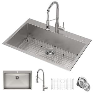 Loften Center All-in-One Dual Mount Stainless Steel 33in. Single Bowl Kitchen Sink with Stainless Steel Pull Down Faucet