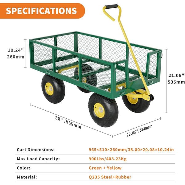 12 cu. ft. 900 lbs. Green & Yellow Steel Garden Cart with 10 in
