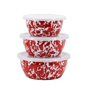 Red Swirl 3-Piece Enamelware Bowl Set with Lid