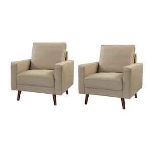 Christine Mid-Century Modern Beige Genuine Leather Armchair with Wood Flared Legs (Set of 2)