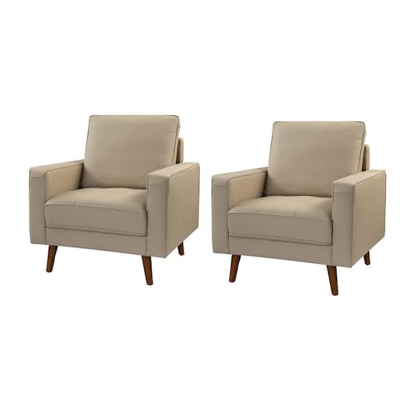 JAYDEN CREATION Christine Mid-Century Modern Beige Genuine Leather Armchair with Wood Flared Legs (Set of 2)