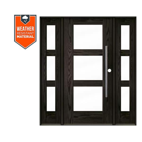 Krosswood Doors Faux Pivot 64 in. x 79 in. Left-Hand/Inswing 3-Lite Clear Glass Baby Grand Stain Fiberglass Prehung Front Door with DSL