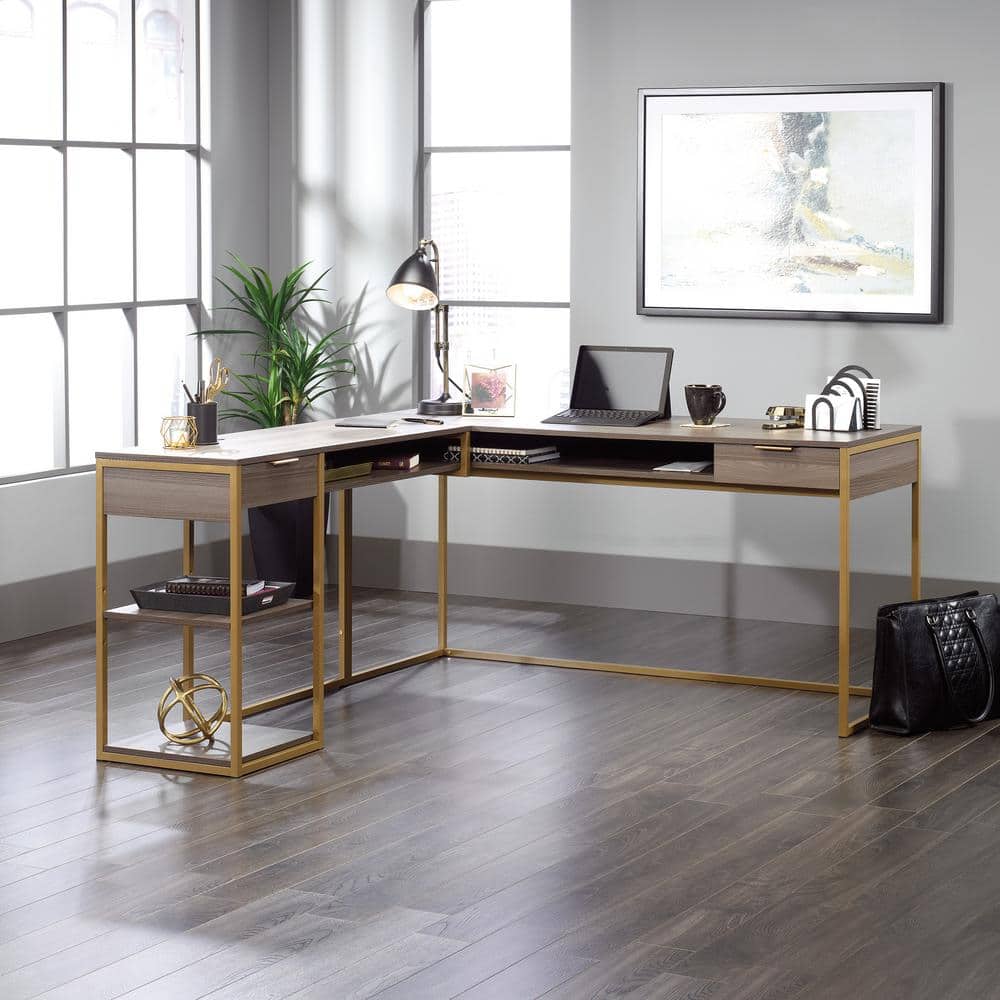 Diamond Ash L-Shaped Computer Desk with Drawers