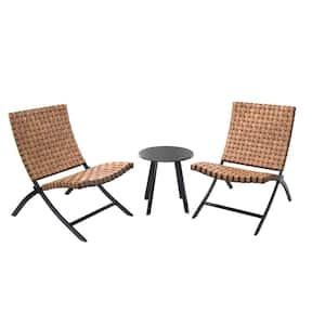 3-Piece Natural Brown Wicker Patio Lounger Chairs Weather Resistant Outdoor Folding Chairs with Coffee Table