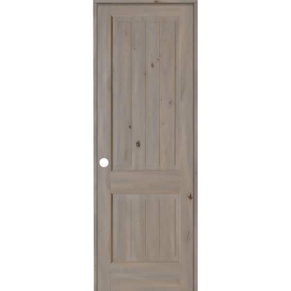 Krosswood Doors 32 in. x 96 in. Knotty Alder 2 Panel Right-Hand Square Top V-Groove Grey Stain Solid Wood Single Prehung Interior Door