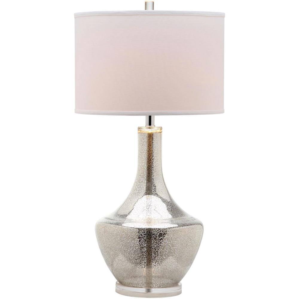 Silver Crackle Glass Nightstand Lamp with White Barrel Shade