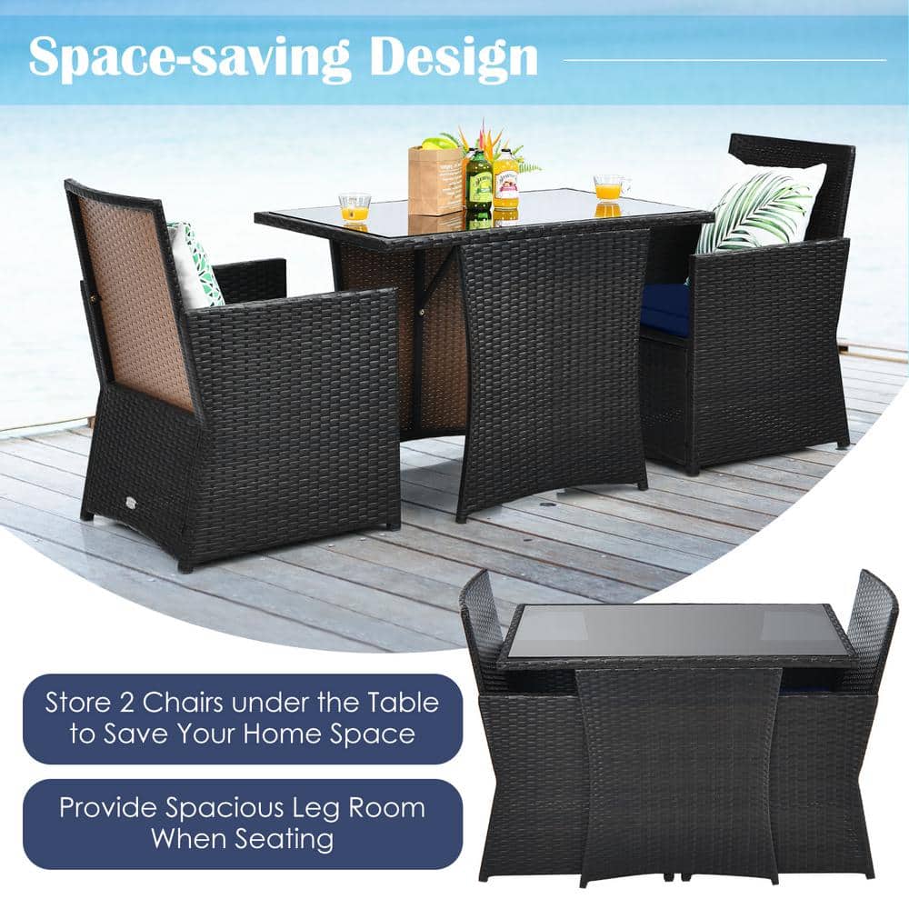 Navy 3-Piece Outdoor Patio Rattan Bistro Set with Cushions