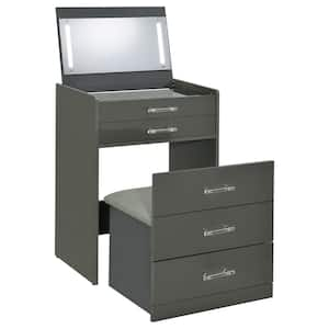 Danbury Gray High Gloss Makeup Vanity Set with Flip-top Mirror, LED Lighting, Dual USB Outlet