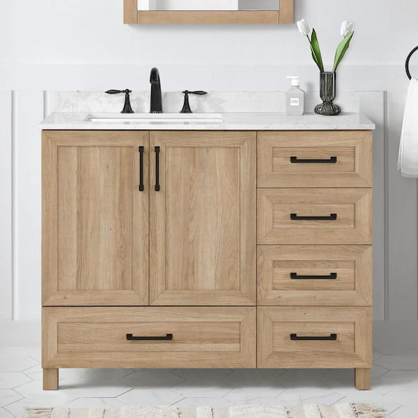 Tobana 42 in. Single Sink Weathered Tan Bath Vanity with White Engineered Marble Top (Assembled)
