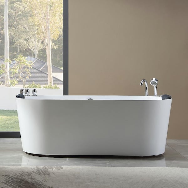 Empava Luxury 59 in. Center Drain Acrylic Freestanding Flatbottom Whirlpool Bathtub in White with Faucet
