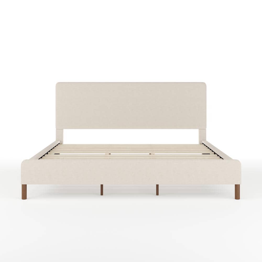 King Beige Linen Upholstered Platform Bed with Walnut Legs