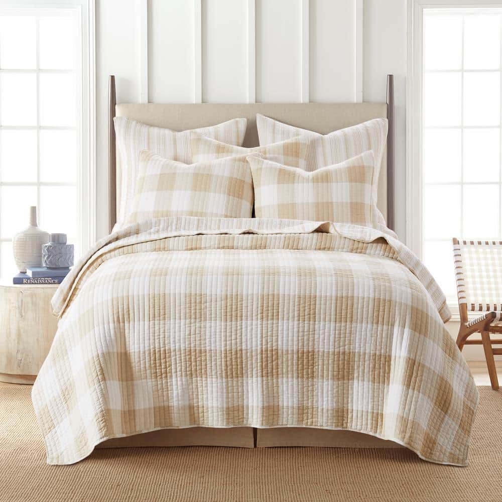 Camden Farmhouse Taupe and Cream Cotton King Quilt Set with Reversible Pattern