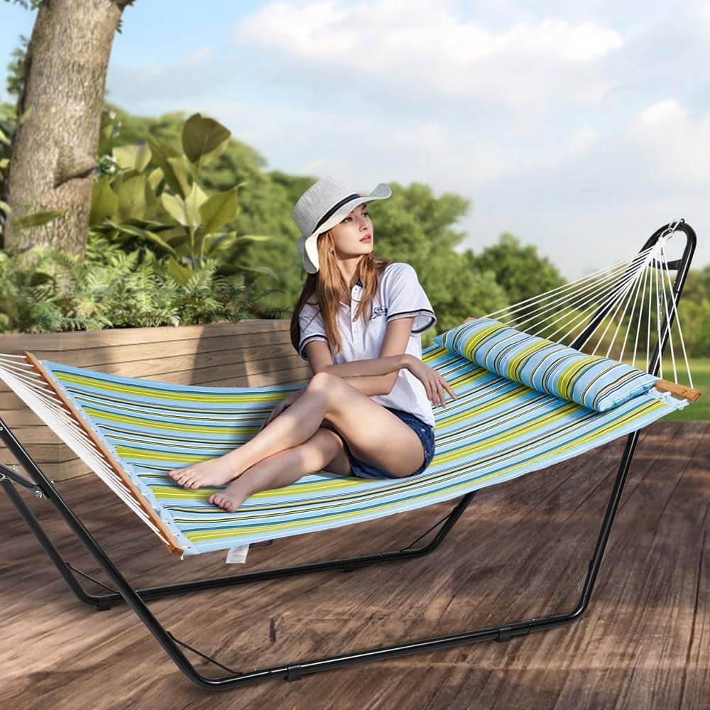 Double Quilted Blue and Green Fabric Hammock with Steel Stand