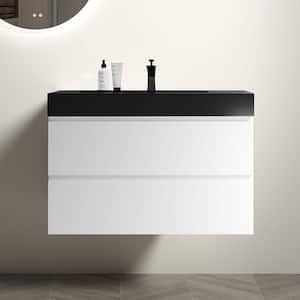 36 in. W x 18.1 in. D x 25.2 in. H Floating Bath Vanity in White with 1 Matt Black Sink Solid Surface Top