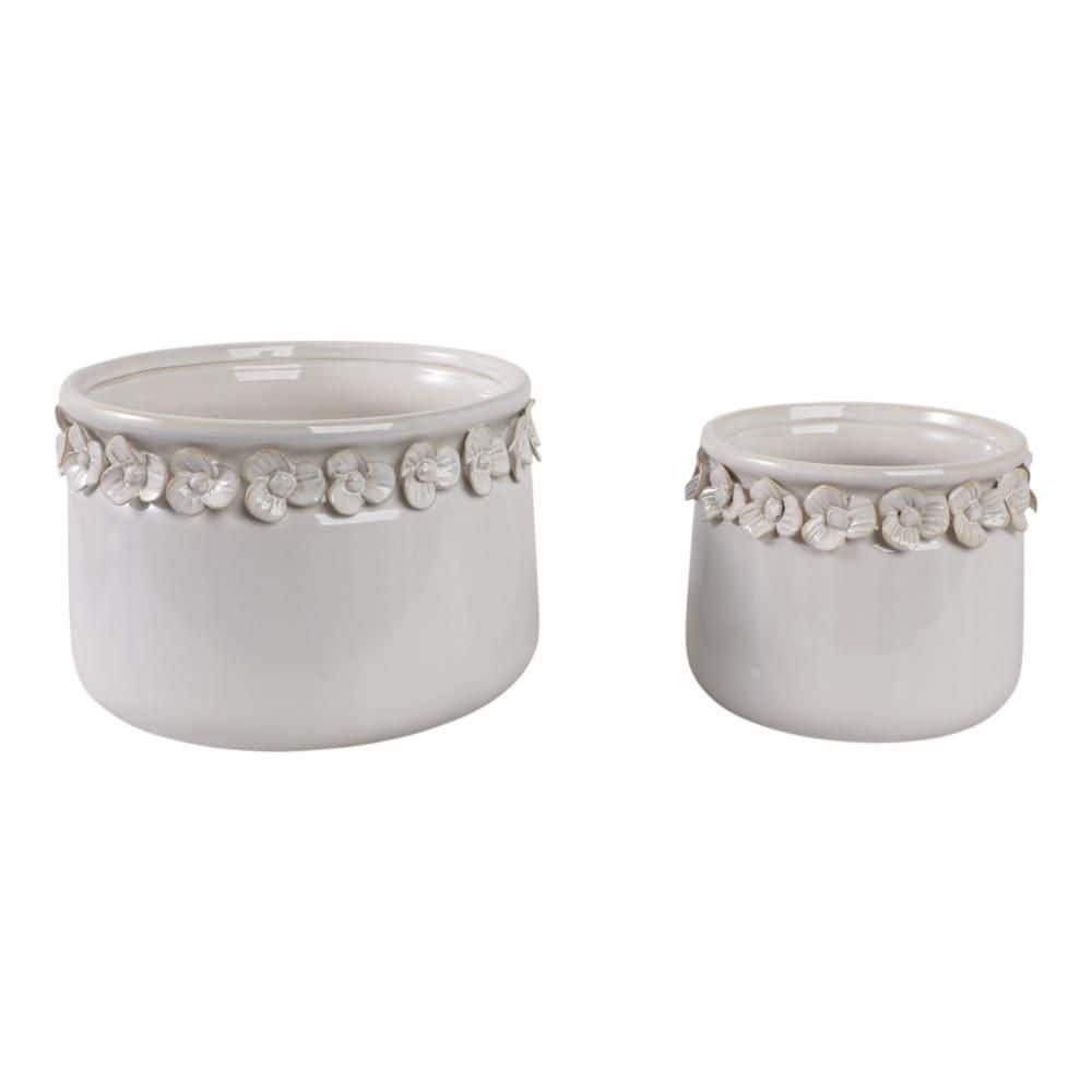 Liv & Skye 7 in. and 10 in. Ivory Ceramic Floral Applique Decorative Pots (Set of 2) 20260-05 - The Home Depot