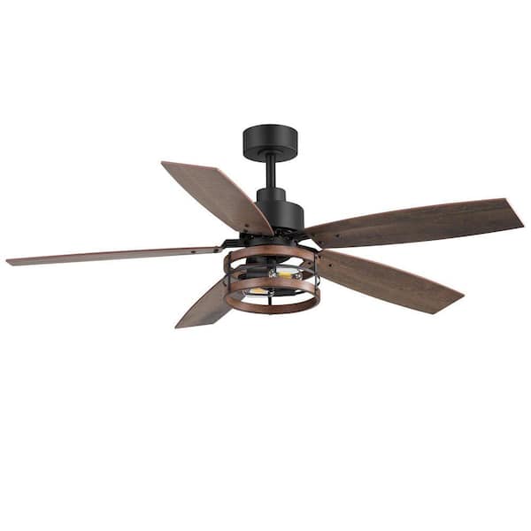 52 in. Black Indoor Downrod Mount Standard Ceiling Fan with Dark/Light Wood Grain Plywood Blades, Remote Included