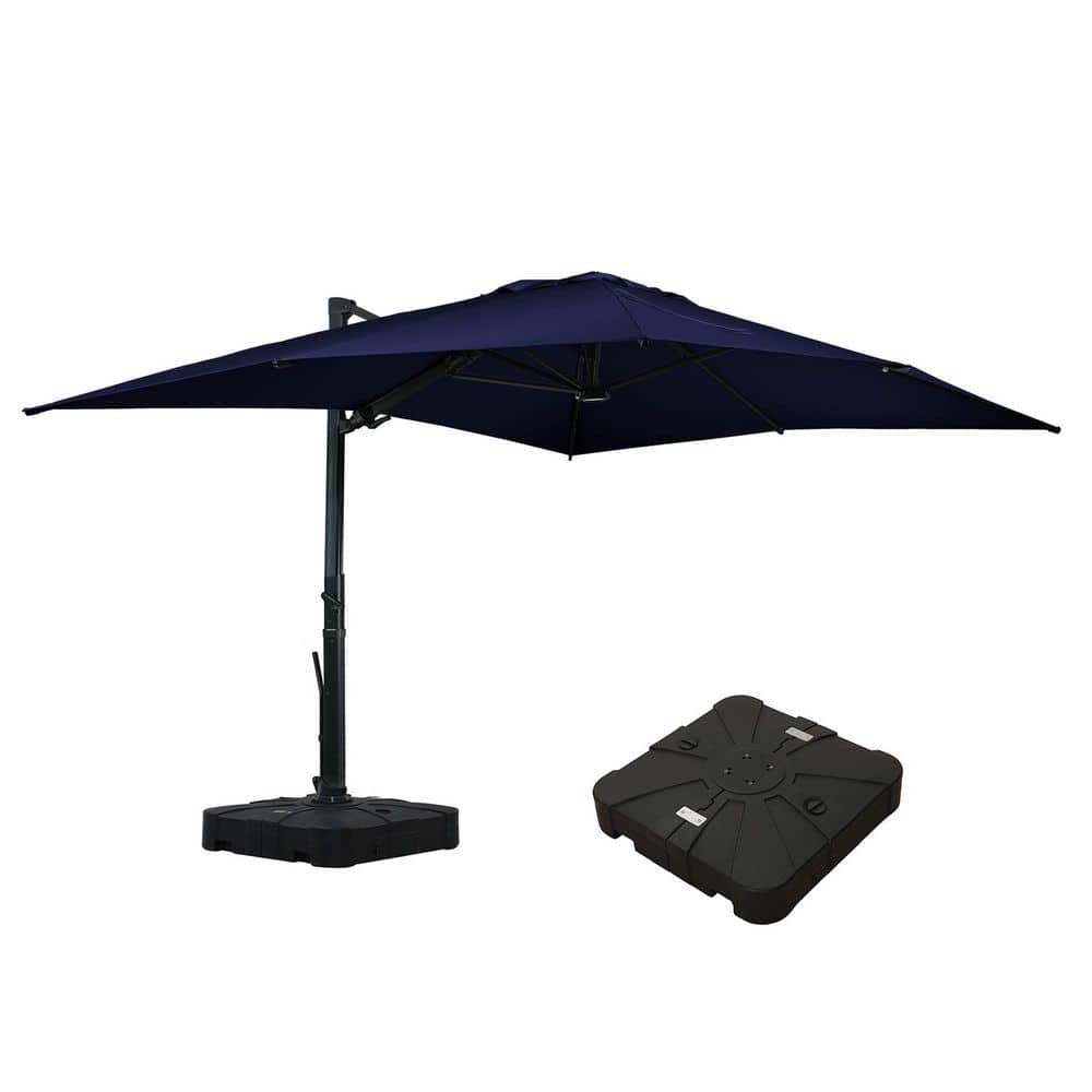 Navy Blue Rectangular Cantilever Patio Umbrella with LED Light and Stand