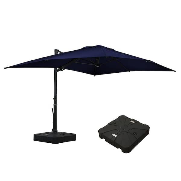 Mondawe 10 ft. x 13 ft. Aluminum Cantilever Outdoor Tilt Patio Umbrella in Navy Blue with LED Light, Base Weight Stand