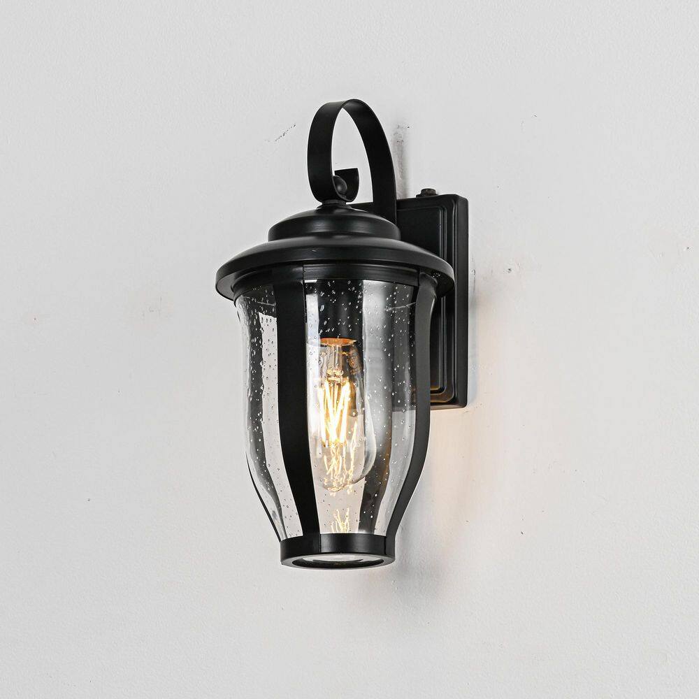 14 in. H 1-Light Matte Black Dusk to Dawn Hardwired Outdoor Wall Light Lantern Sconce Fixture with Clear Seeded Glass price history on PriceWatchPro