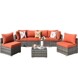 Wilkins Grand Gray 7-Piece Wicker Outdoor Patio Conversation Seating Set with Orange Red Cushions