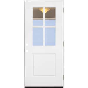 32 in. x 80 in. Legacy 4 Lite Half Lite Clear Glass Left Hand Outswing White Primed Fiberglass Prehung Front Door