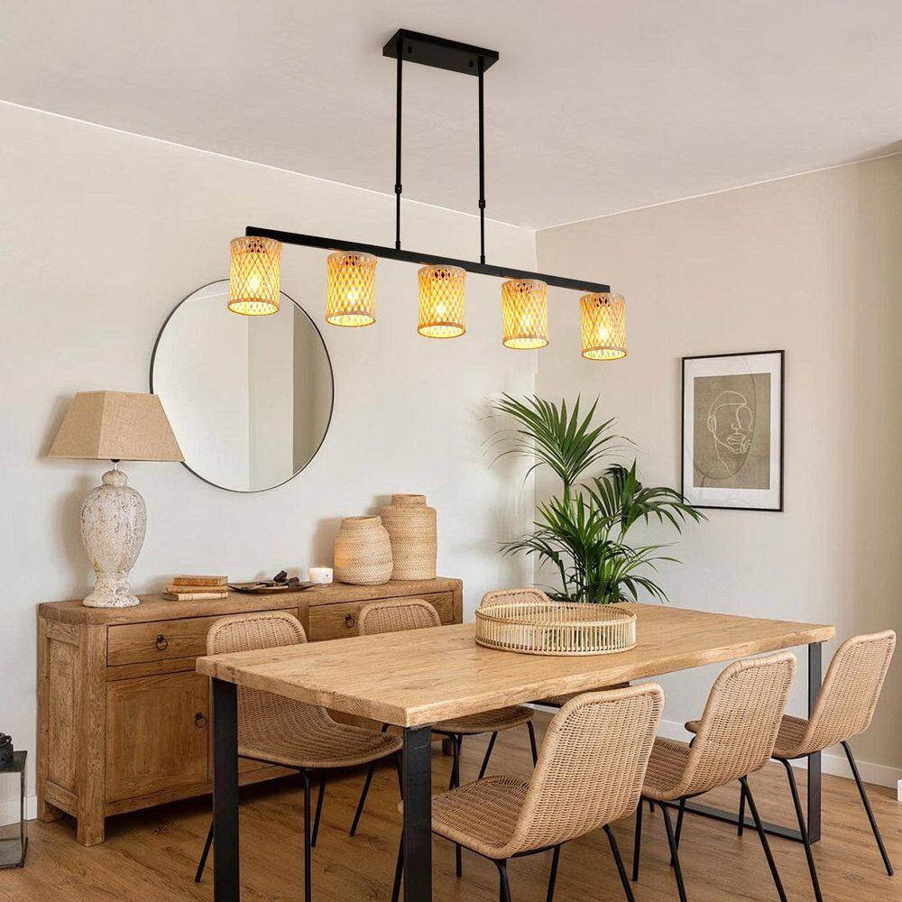 60-Watt 5 Light Black Boho Farmhouse Dimmable Adjustable Length Pendant Light with Yellow Rattan Shade for Dining Room price history on PriceWatchPro