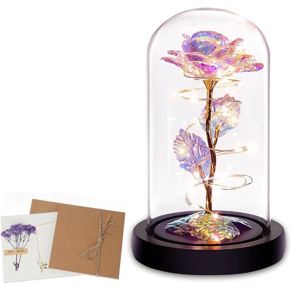Afoxsos 6.1 in. H Colorful Artificial Rose in Glass Dome with LED Lighting for Women