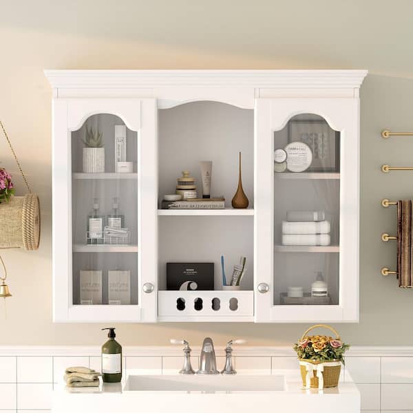 35 in. W x 28 in. H Rectangular White MDF Surface Mount Medicine Cabinet without Mirror with 2-Glass Doors