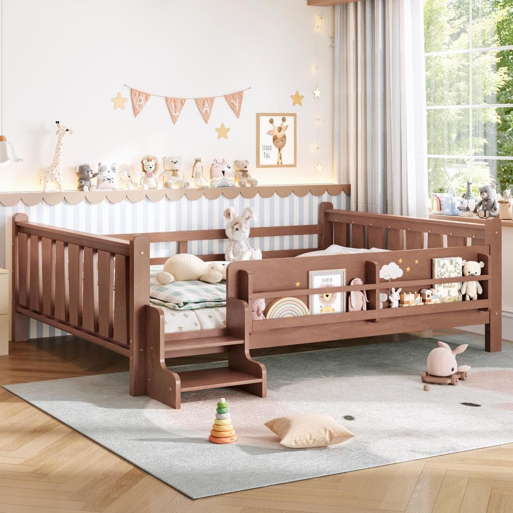 Natural Wood Frame Queen Size Platform Bed with Storage Bookcases,Cute Stairs and Guardrails