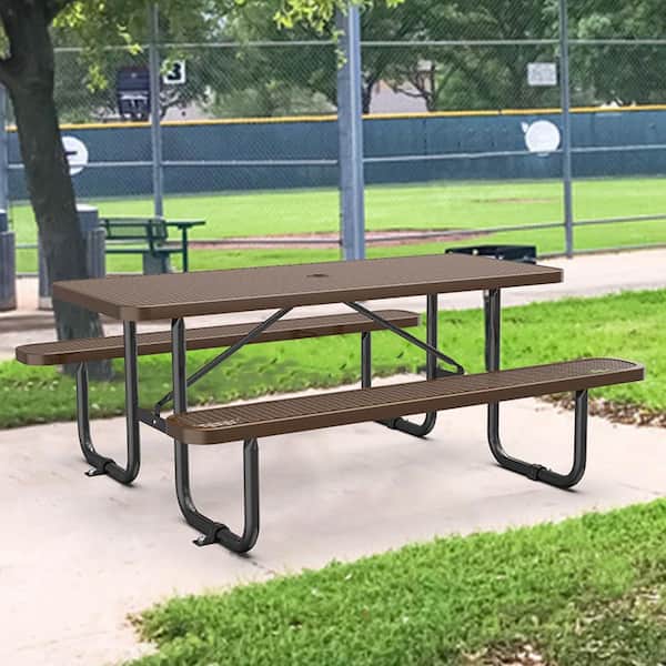 Sudzendf 72 in. Brown Rectangle steel Picnic Table Seats 6 People with Umbrella Hole