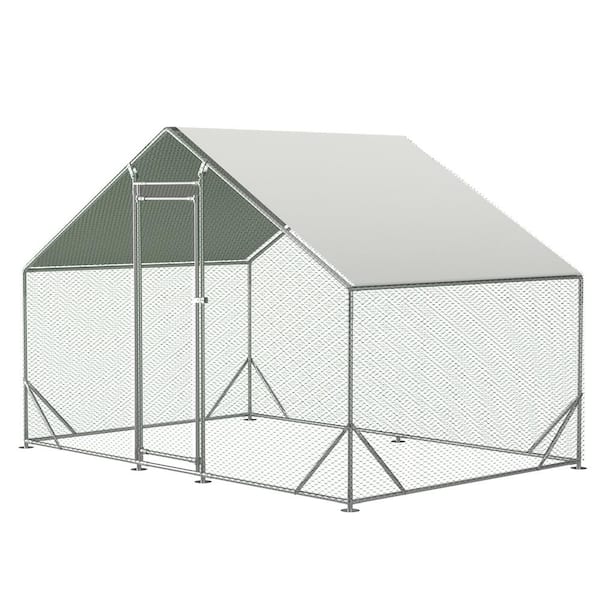 Tileon 10 ft. x 6.6 ft. Large Metal Chicken Coop, Walk-in Chicken Run with Waterproof and Anti-Ultraviolet Cover-Silver