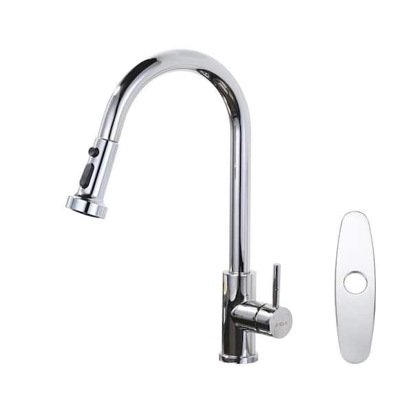 3-Mode Single Handle Pull Down Sprayer Kitchen Faucet with Deckplate in Chrome