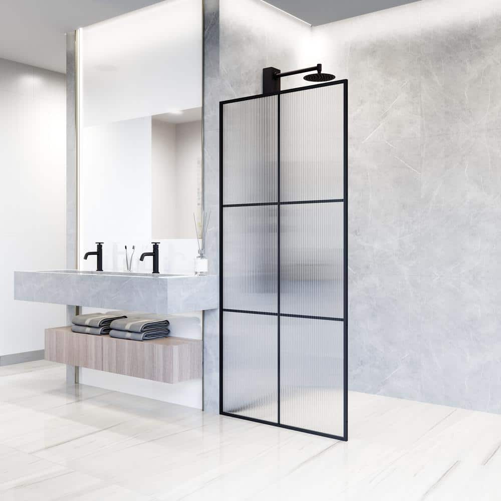 Ventana Matte Black 34" x 74" Framed Shower Screen with Fluted Glass