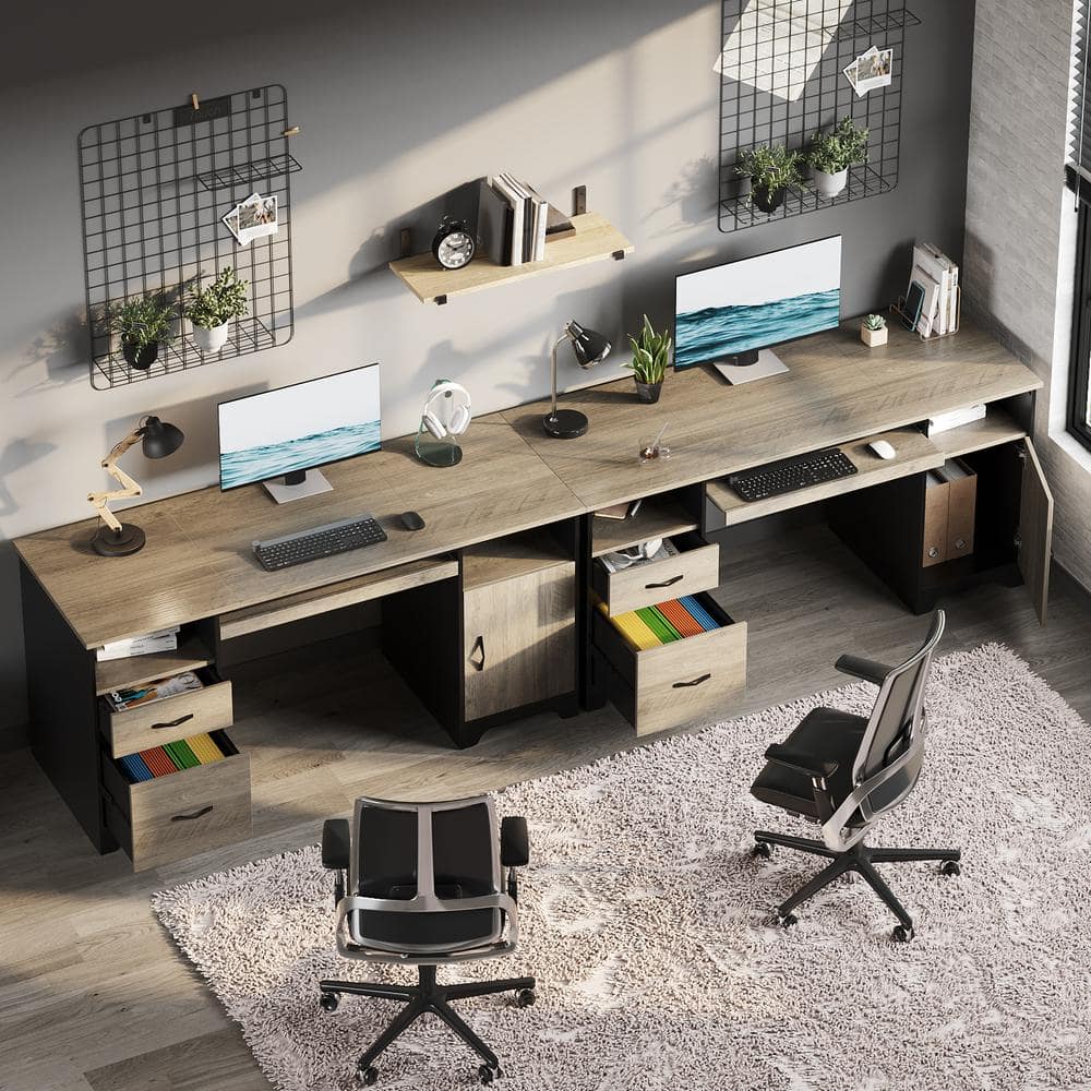 Gray Executive Desk with Storage Cabinet and Keyboard Tray