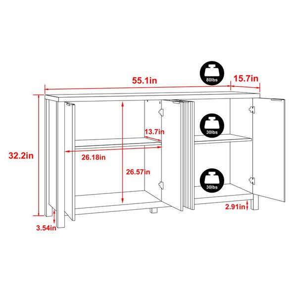 55 in. Accent Storage Cabinet Kitchen Storage Cabinet with 4-Fluted Doors in Wood Color