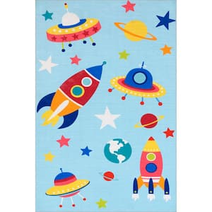 Eddie Outer Space Machine Washable Kids Light Blue Multi Doormat 3 ft. x 5 ft. Accent Rug