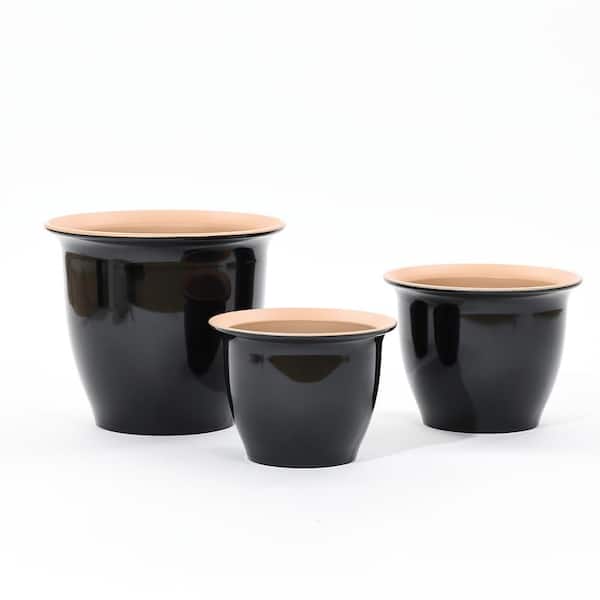 LuxenHome 17.7 in. W x 14.9 in. H Ebony Black Round Plastic Tropical Planter Set (3-Piece)